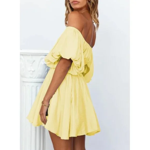Womens Off The Shoulder Summer Dresses 2024 Short Lantern Sleeve Ruffle Elastic
